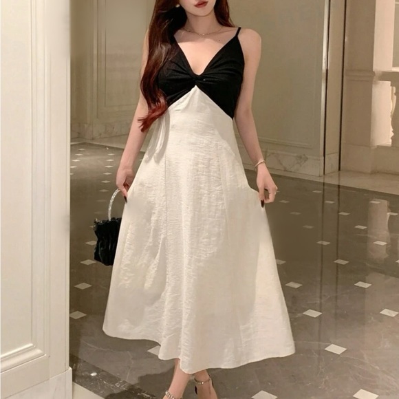 Cream & black Colorblock linen feel skirt Twisted Strap Midi Dress - Picture 3 of 5